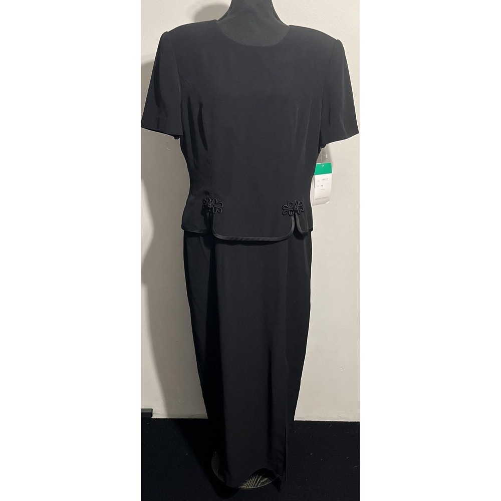 VTG Maggy London Dress Womens 14 Black Short Sleeve Peplum Midi Formal Back Zip